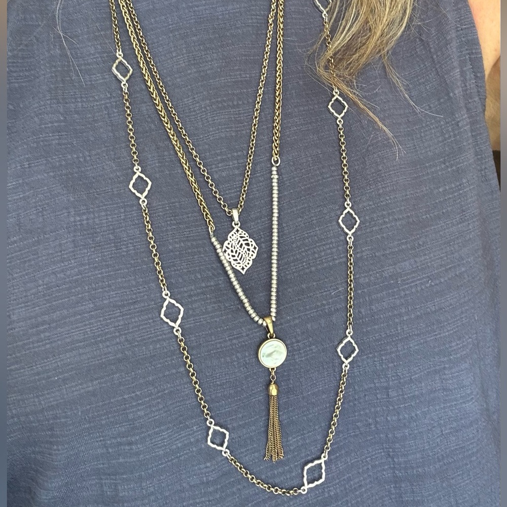 LUCKY BRAND Two Tone Multi Layer Pearl Tassel Pendant Necklace